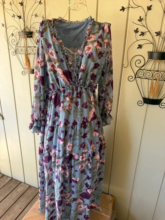 Floral V-Neck Long Sleeve Maxi Dress - Blue with Pink & Purple Flowers XXL - Picture 1 of 9